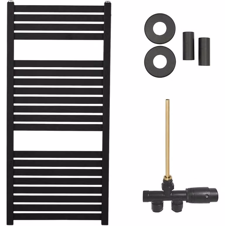 Set radiatore per bagno Vincenzo - riscaldamento centralizzato - attacco laterale a un punto - 300W - nero opaco - 970x450 mm