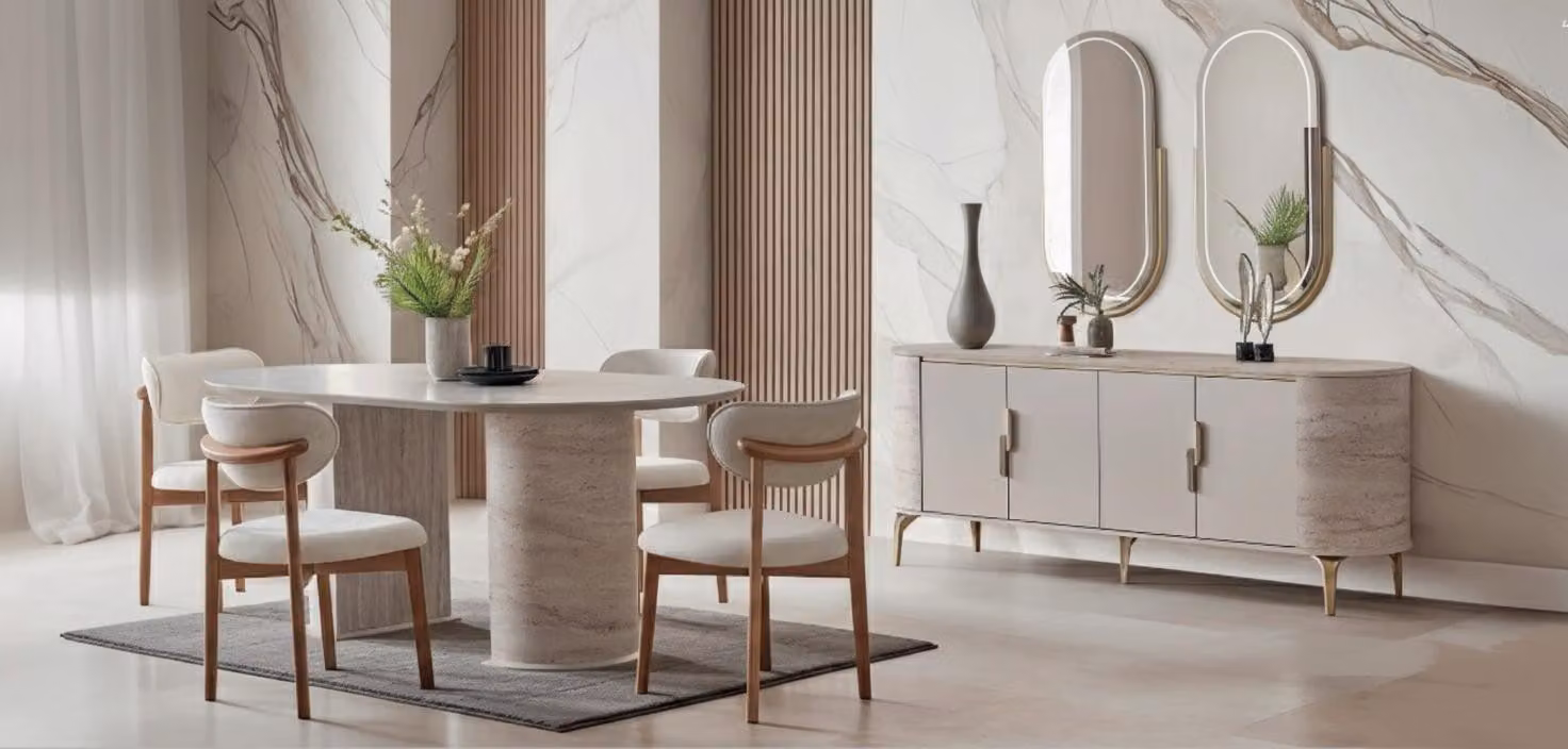 Elegante set da pranzo completo, composto da 6 pezzi: tavolo, sedie e credenza