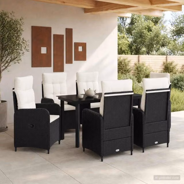 Set da pranzo per giardino e terrazzo vidaXL in polyrattan nero e bianco, 7 pezzi – 1