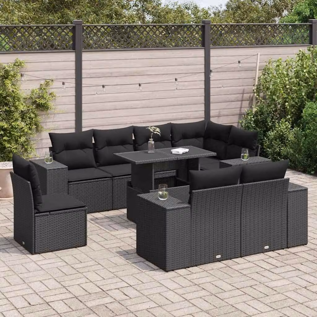 Set Divani da Giardino vidaXL 9 pz in Polyrattan Nero con Cuscini e Tavolino da Caffè
