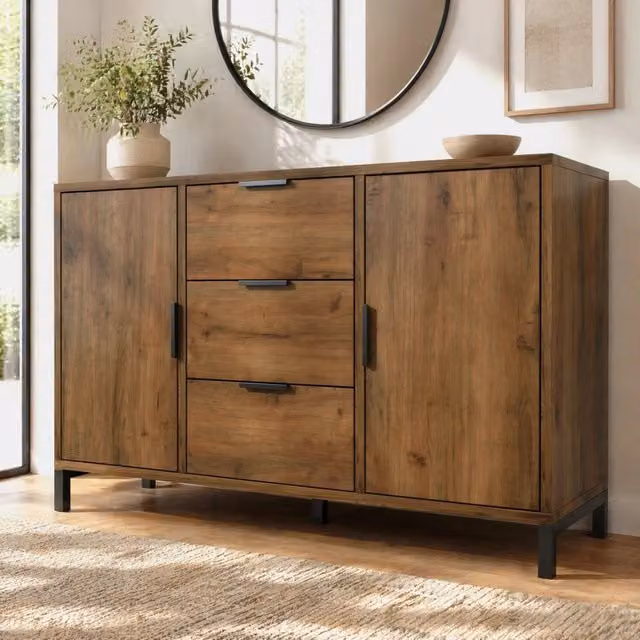 Credenza con 2 ante e 3 cassetti con ripiano regolabile, effetto rovere scuro e maniglie nere, L 120 x P 40 x H 76 cm