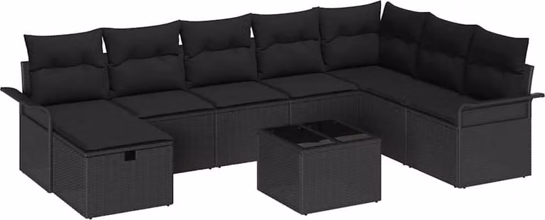 Set Divano da Giardino con cuscino 9 pcs Nero Poly Rattan