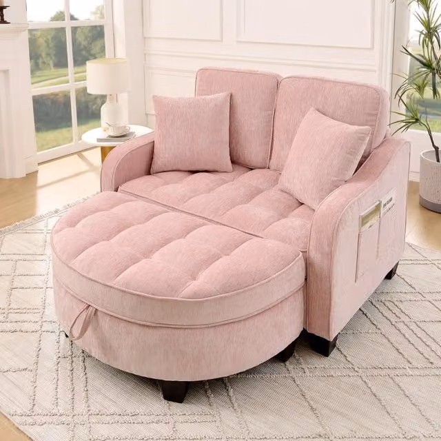 Divano letto 2 in 1 trasformabile con pouf contenitore 132x129x93 cm in tessuto rosa
