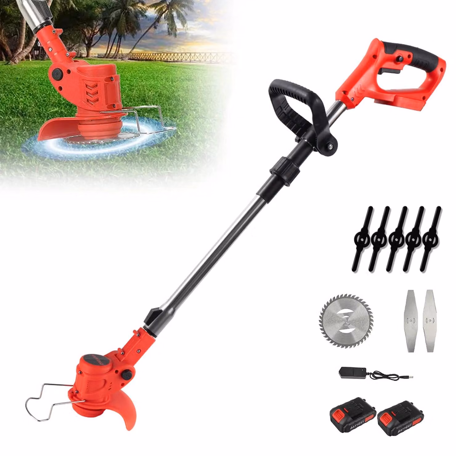Tagliabordi elettrico a batteria - Ideale per tagliare erba e erbacce - 21 V - Manico telescopico - Pieghevole - Modello portatile - Include 2 batterie