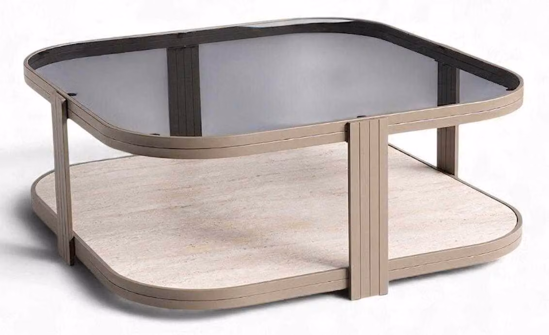 Tavolino da caffè in vetro, legno e metallo, design moderno, forma quadrata, con vano portaoggetti, colore beige e marrone