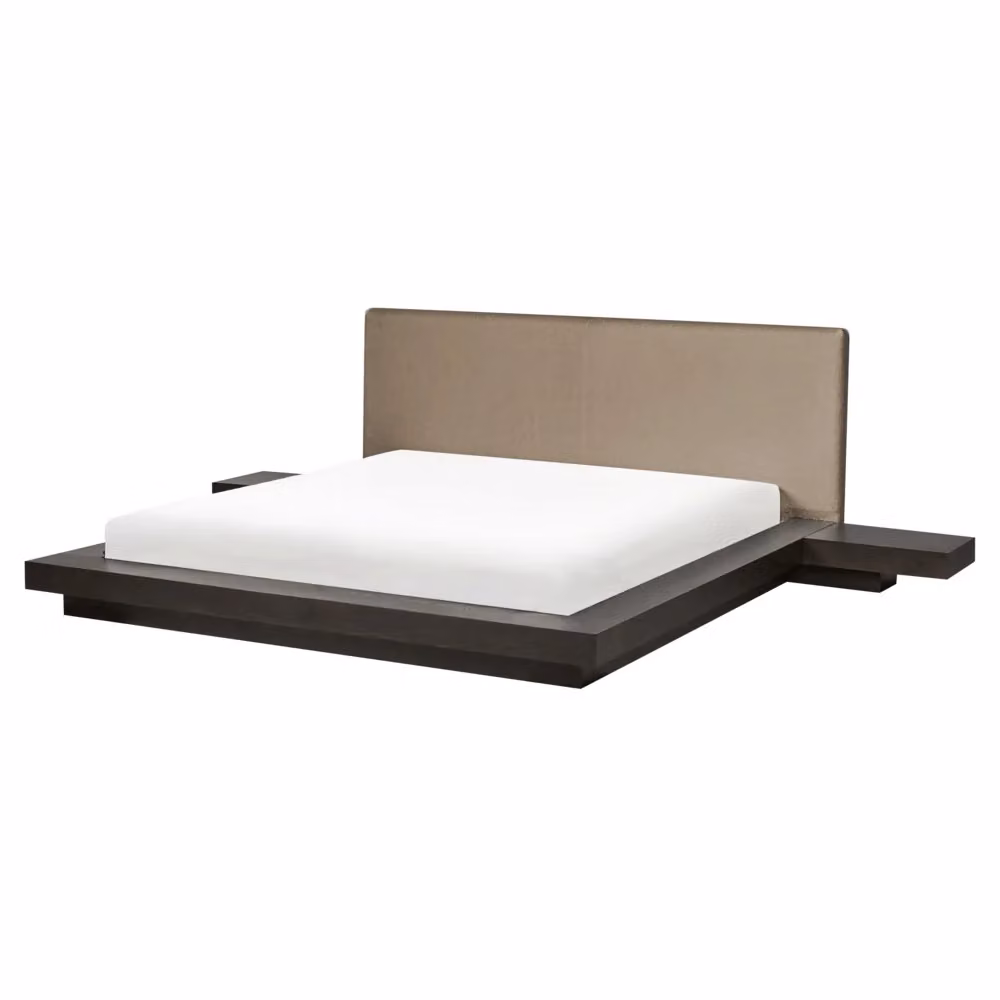 Letto matrimoniale BELIANI in legno e bouclé tortora con testata e comodini in stile giapponese L/P/H: 160 x 200 cm – 2