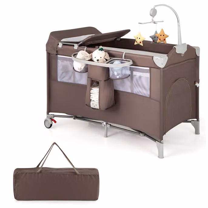 Costway Lettino per bambini 5 in 1 con materasso, fasciatoio, carillon e 3 giocattoli appesi, Marrone