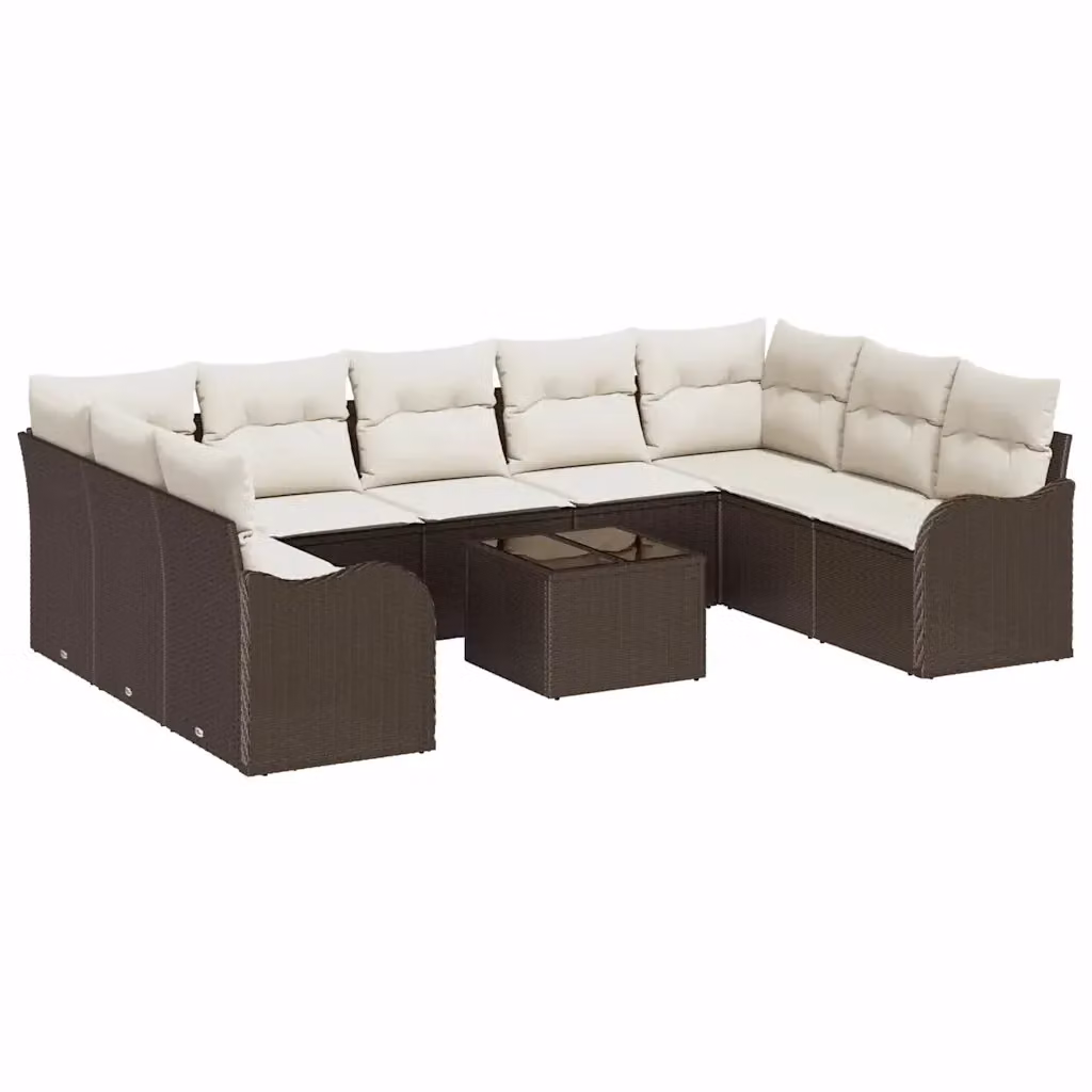 Set Divano da Giardino Moderno vidaXL 10 Pezzi in Polyrattan Marrone e Bianco con Cuscini e Tavolino da Caffè – 2