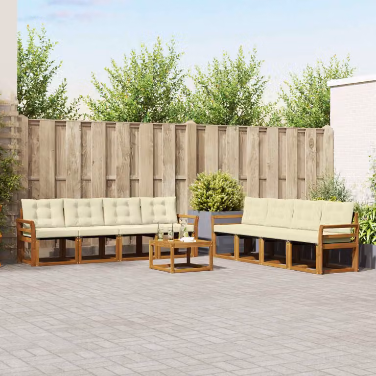 Set di divani da esterno vidaXL a forma di U composto da 9 pezzi in legno di acacia con cuscini, colore beige, bianco e marrone