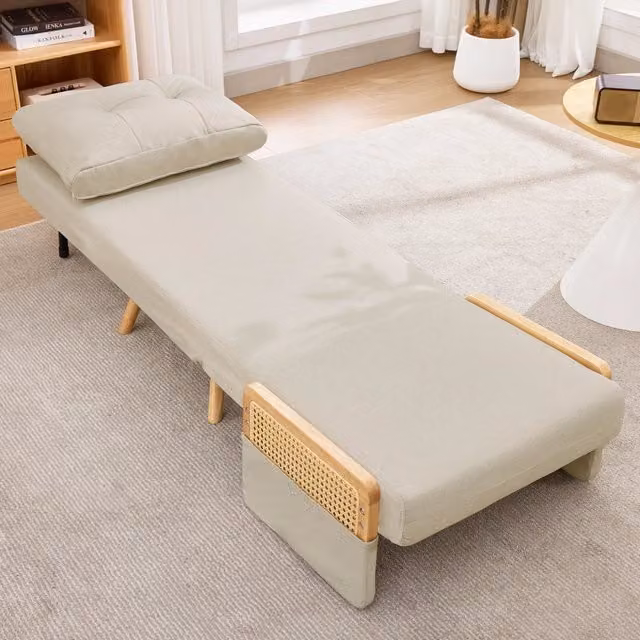 Sedia letto 3 in 1 REDOM in tessuto lino beige con braccioli, L/P/H: 67,5 x 73 x 86,5 cm
