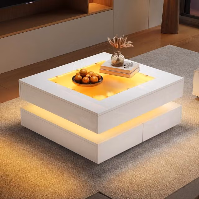 Tavolino da Salotto Bianco 70x70x35 cm con Piano in Vetro, LED e 3 Cassetti, Design Geometrico Lucido per Soggiorno