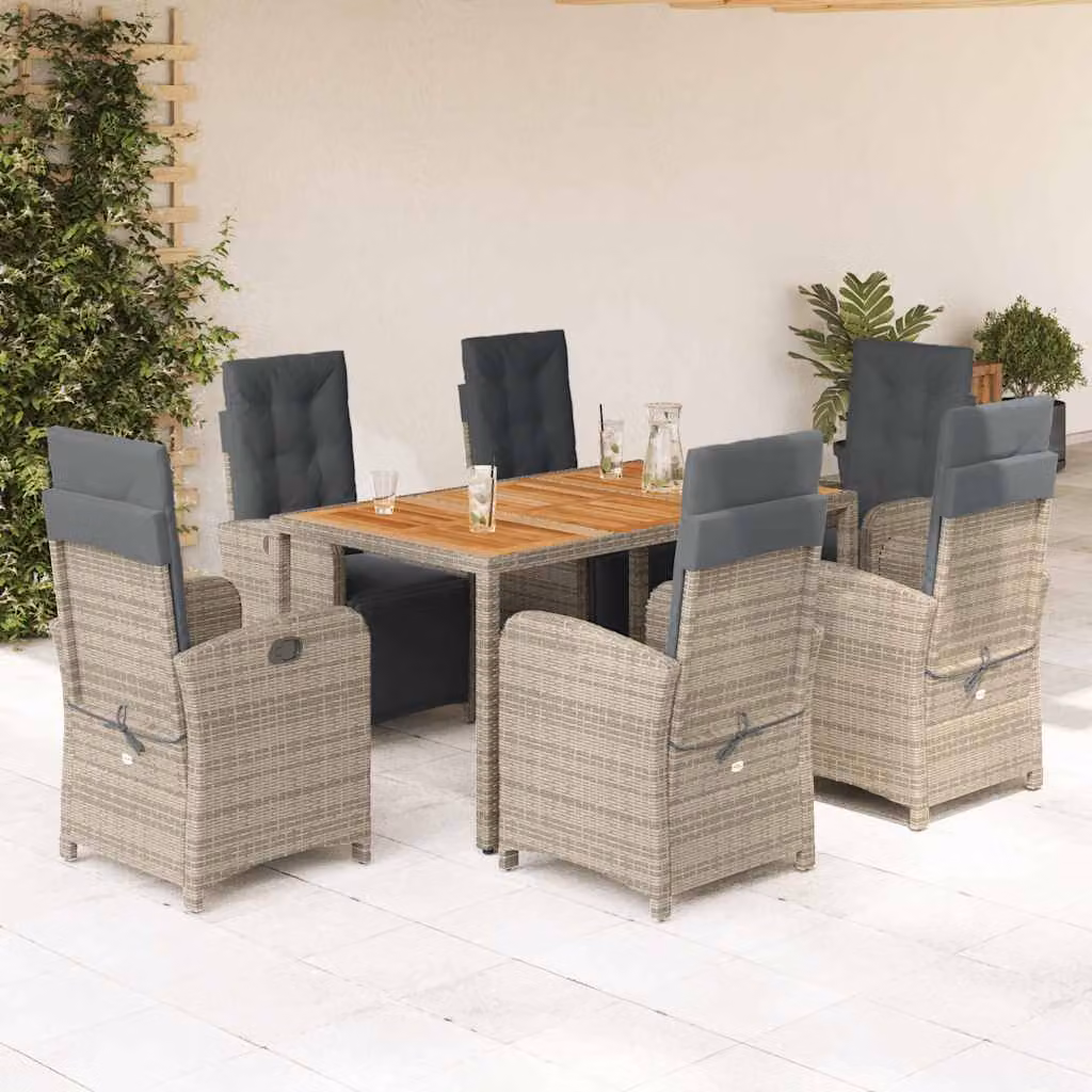 Set da pranzo da giardino vidaXL in polyrattan e legno di acacia grigio con 7 pezzi e cuscini