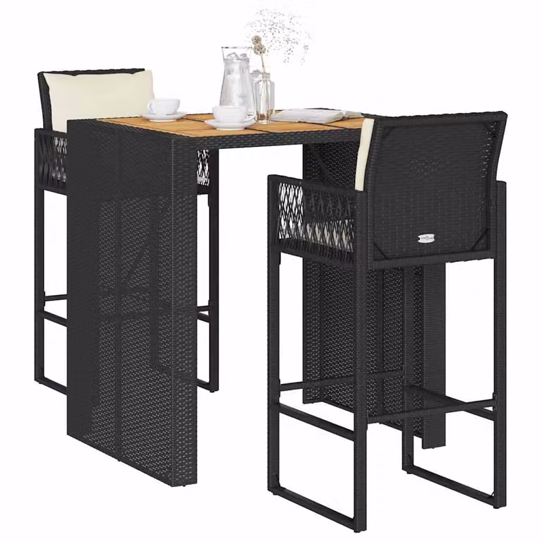 Set Bar da Giardino vidaXL in Polyrattan e Legno di Acacia con 3 Cuscini, Colore Nero e Bianco