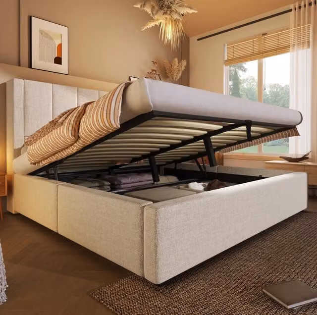 Letto imbottito 180x200 cm beige con vano contenitore, ricarica USB-C e portabevande