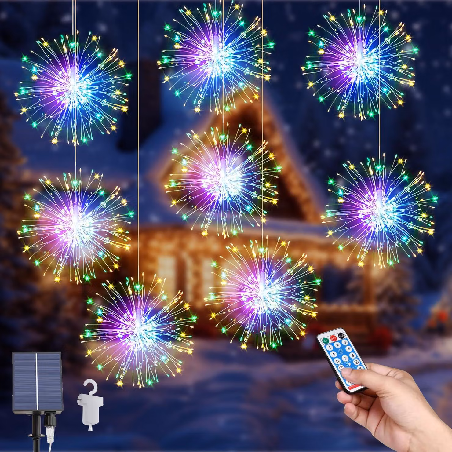 Set di 8 lampade a LED solari a forma di fuochi d'artificio, con 800 LED, impermeabili e dotate di telecomando