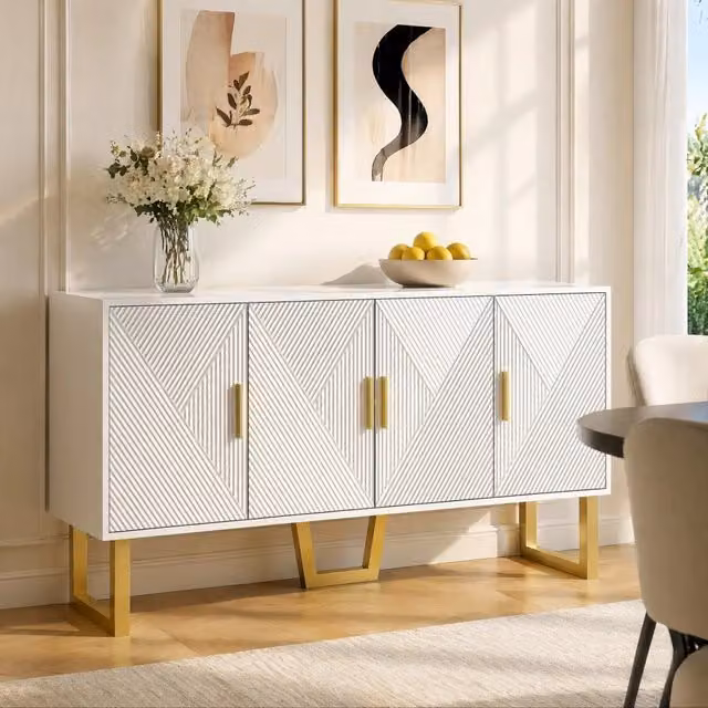 Madia moderna bianca e oro con finitura lucida e design geometrico, L: 150 cm