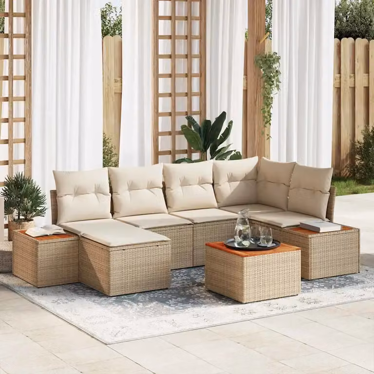 Set Divano da Giardino vidaXL 7 Pezzi a Forma di L Beige e Bianco con Cuscini e Tavolino