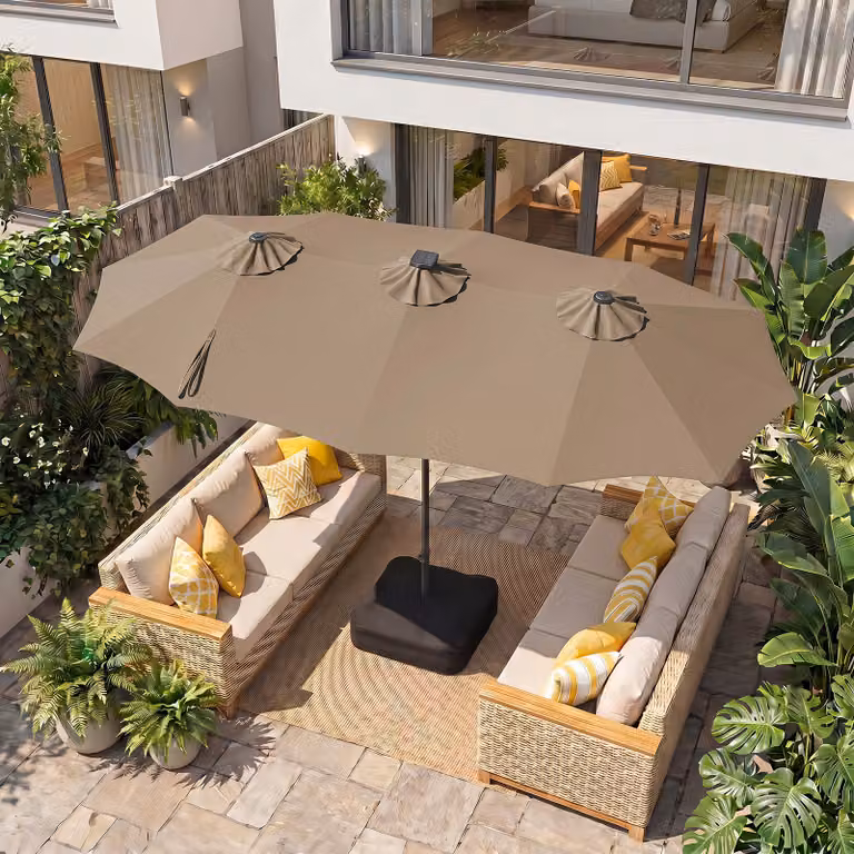 Ombrellone da giardino doppio Costway Marrone con 108 luci LED solari, 12 modalità, 3 prese d'aria e manovella