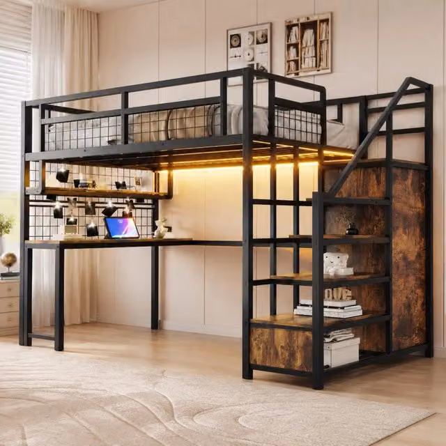 Letto a soppalco 140x200 cm con scala contenitore; scrivania e luci in metallo nero