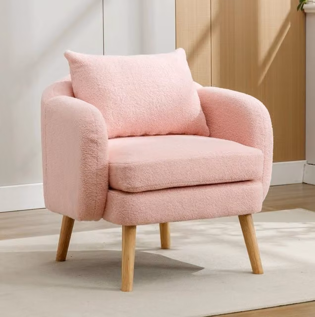 Poltrona singola 71x72x79 cm in velluto teddy rosa con cuscino, per soggiorni piccoli –
