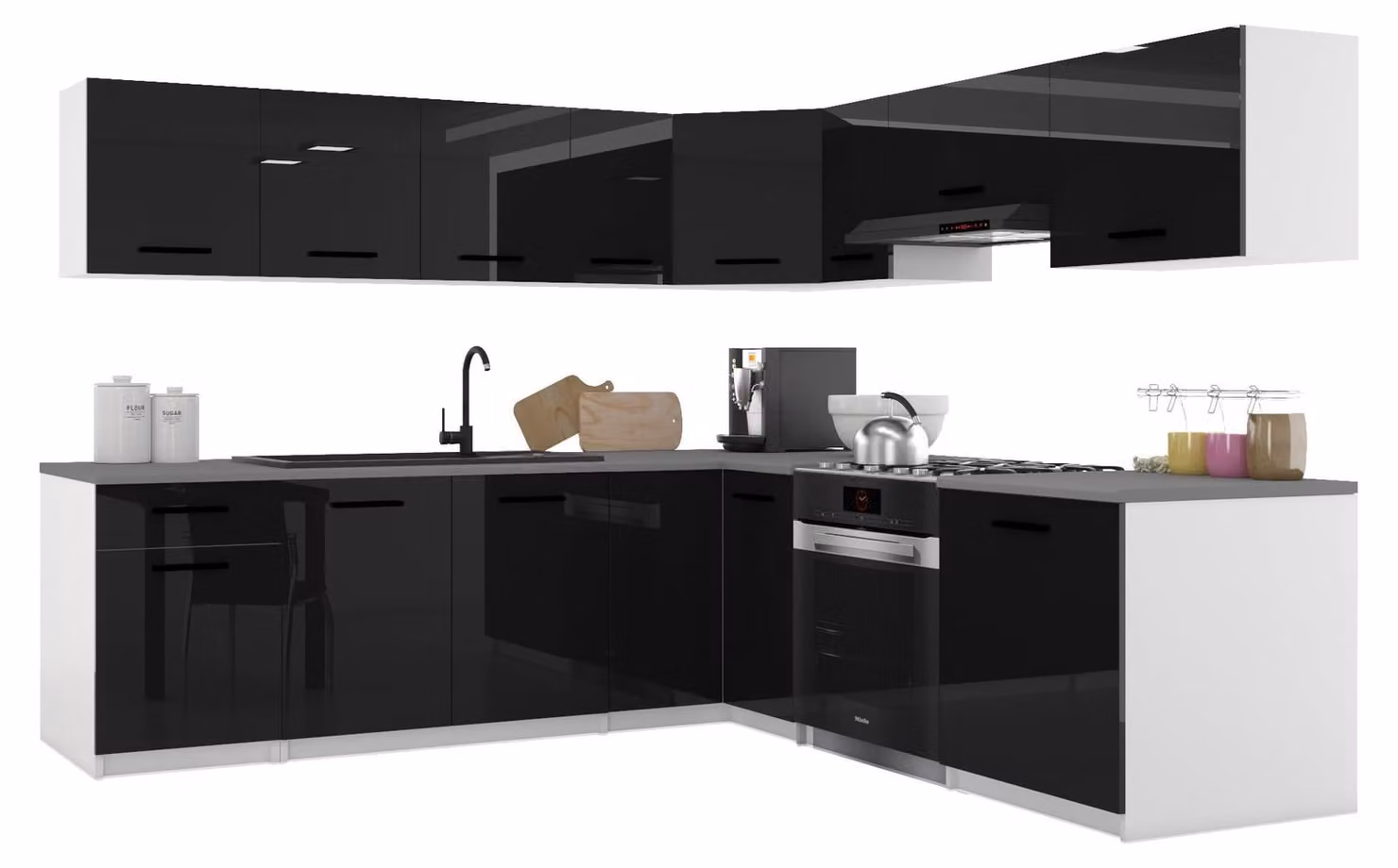 Belini - Angolo cottura moderno ITALIA 7 - Mobili da cucina 420 cm nero - Cucina componibile con pensili, mobili base e piani di lavoro