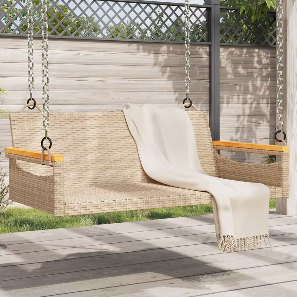 Panchina a dondolo vidaXL in polyrattan e legno di acacia oliato, colore beige, L 109 x P 62 x H 40 cm