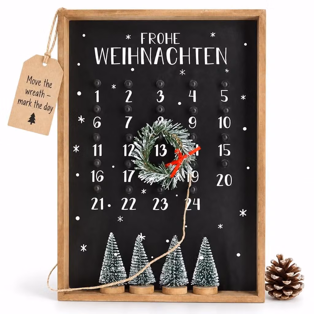 Calendario dell'Avvento con ghirlanda, struttura in legno, dimensioni 25x35x4 cm, riutilizzabile
