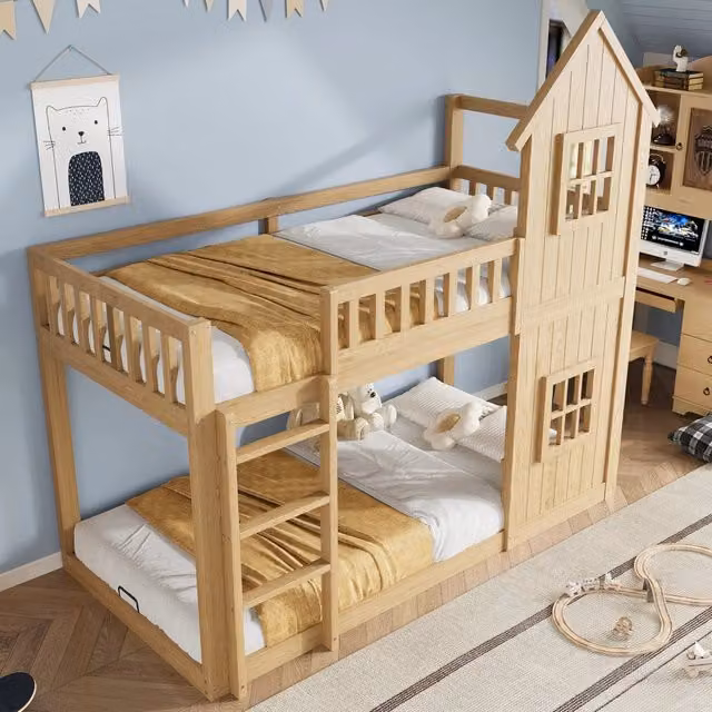 Letto a castello per bambini OKWISH in legno di pino con struttura a casetta, scala a 3 gradini e finestre, L/P/H: 204.5 x 90 x 166 cm, colore bianco e marrone