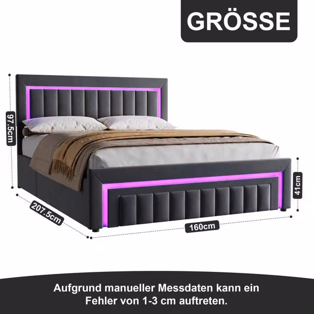 Letto matrimoniale imbottito 160x200 cm grigio scuro in velluto con LED e cassetti