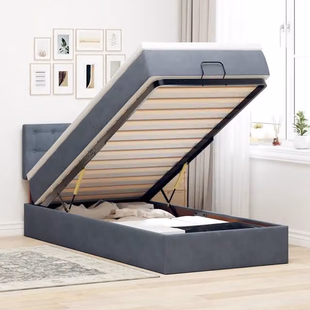 Letto con Pouf e Materasso vidaXL in Velluto con Base a Sollevamento, Illuminazione Sotto il Letto e Porte USB, L: 190 cm, P: 90 cm, H: 88 cm, Grigio e Bianco – 1