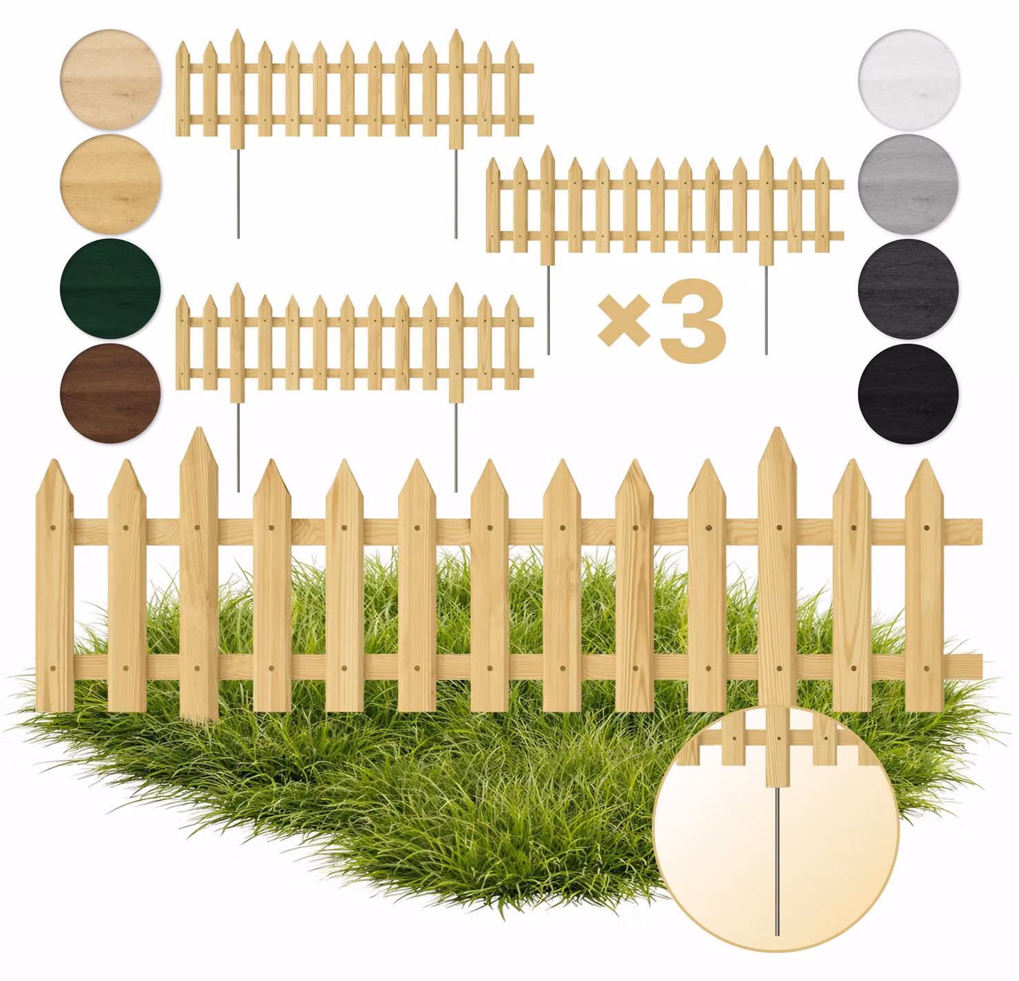 Floranica 3 pz Recinzione da giardino a incastro con pali in metallo per aiuole 100 cm x 20 cm Naturale