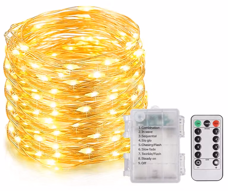 Catena luminosa da 20 metri, con 200 LED, grado di protezione IP65, alimentazione a batteria, luce bianco caldo