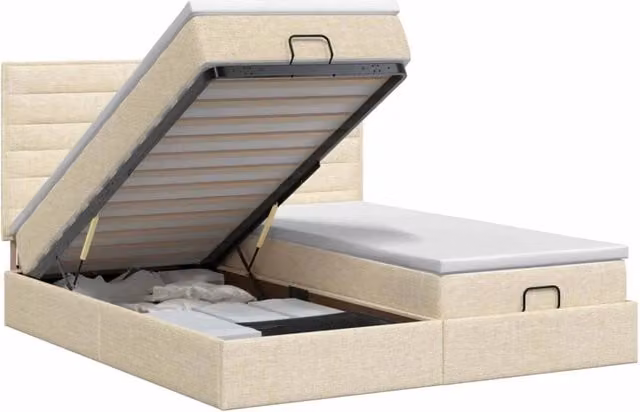 Letto matrimoniale con contenitore a sollevamento e materasso ibrido vidaXL, colore beige e bianco, L/P/H: 200 x 200 x 88 cm