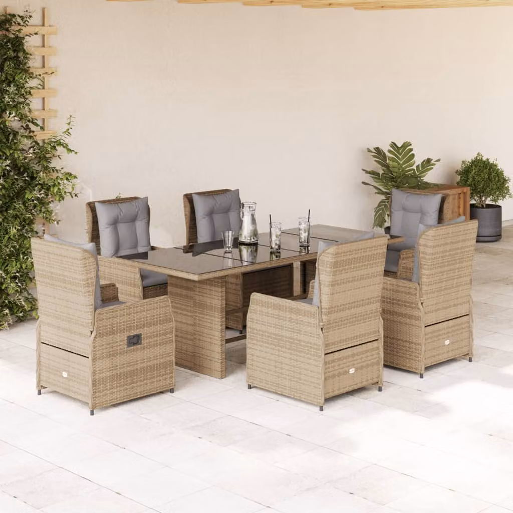 Set da pranzo da giardino vidaXL in polyrattan con cuscini beige e grigi e tavolo in vetro per 7 persone