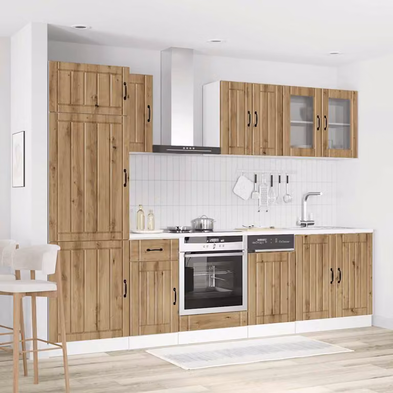 Set di mobili da cucina vidaXL Kalmar composto da 8 pezzi in stile rustico color marrone con ante in vetro e ripiani interni, L/P/H: 207 x 60 x 57 cm