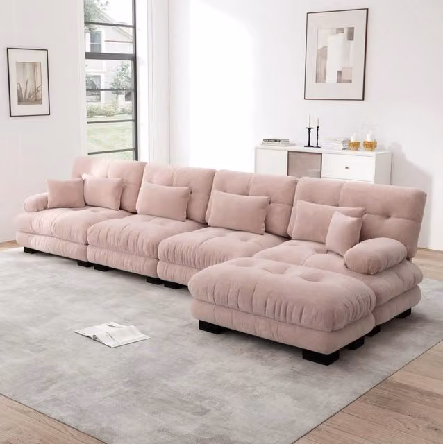 Divano angolare modulare 406x145x81 cm in chenille rosa, con ottoman mobile per soggiorni –