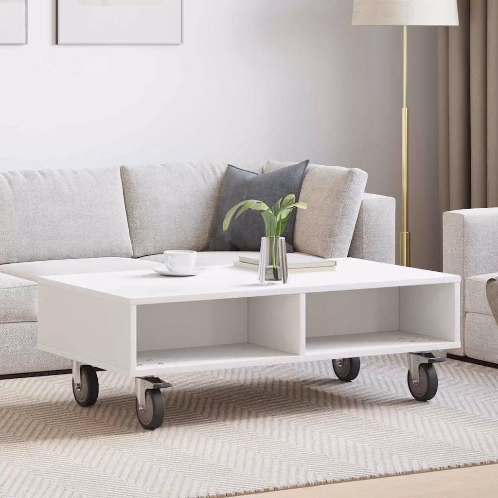 vidaXL Tavolino rettangolare con ruote in legno ingegnerizzato bianco L 90 cm, P 50 cm, H 30 cm