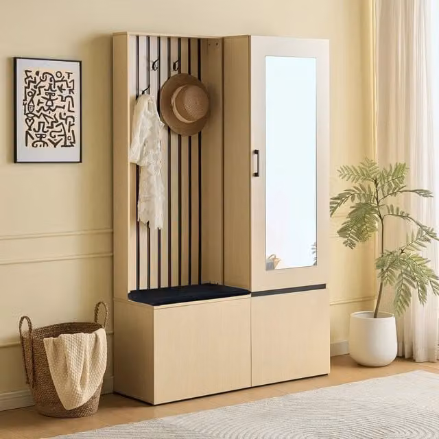 Set di mobili da ingresso MIVRAY moderno con armadio a specchio, panca, barra estraibile e 4 ganci in MDF color legno