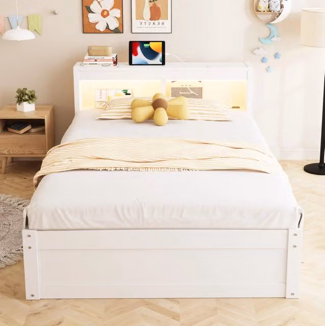 Letto singolo multifunzione ULEVR 90x200 cm con contenitore idraulico, LED e presa integrata, bianco