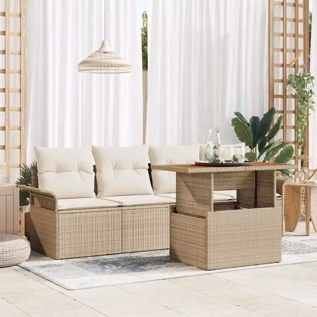 Set da giardino moderno vidaXL in polyrattan beige composto da 5 pezzi con divano a 2 posti e tavolino da caffè con cuscini inclusi
