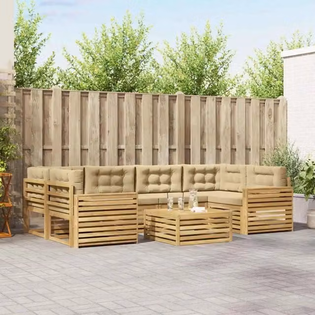 Set di divani da esterno a forma di U vidaXL in legno di acacia con cuscini Bianco e Beige – 1