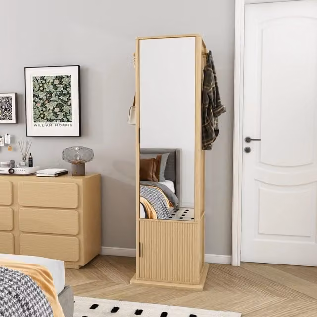 Armadio portagioielli girevole a 360° con specchio intero e blocco anti-ribaltamento, mobile 4-in-1 con organizer, ripiano e appendini, salvaspazio per camera da letto, effetto rovere
