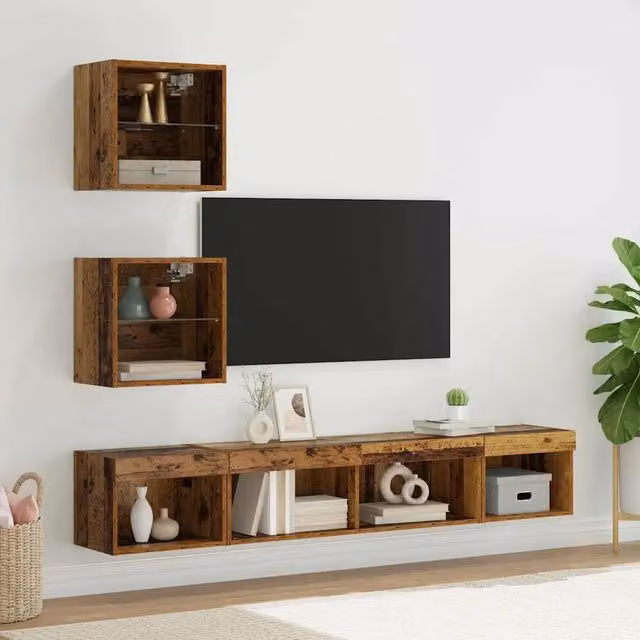 Unità a muro per TV moderna vidaXL in legno e vetro marrone con illuminazione LED integrata