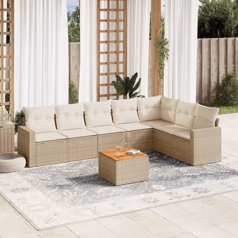 vidaXL Set Divano da Giardino 8 pz in Polyrattan con Cuscini Beige e Tavolino da Esterno