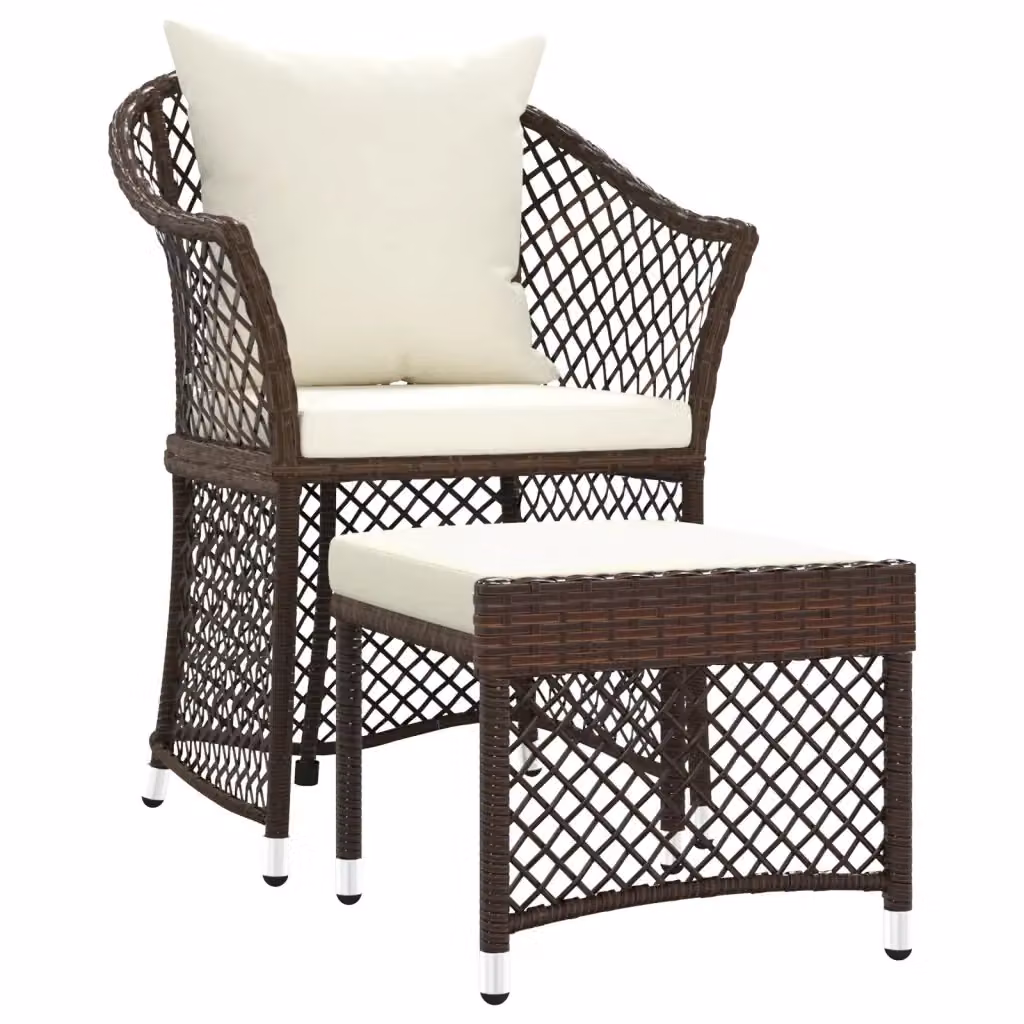 Set da giardino moderno vidaXL composto da poltrona lounge e pouf con cuscini bianchi e struttura in metallo marrone – 2