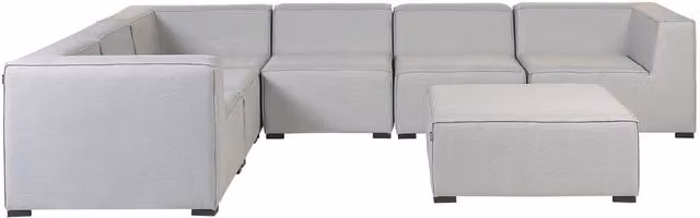 Set divano ad angolo Beliani da 7 posti per esterni ed interni con ottomana destra, rivestimento in tessuto grigio resistente ai raggi UV e struttura in acciaio