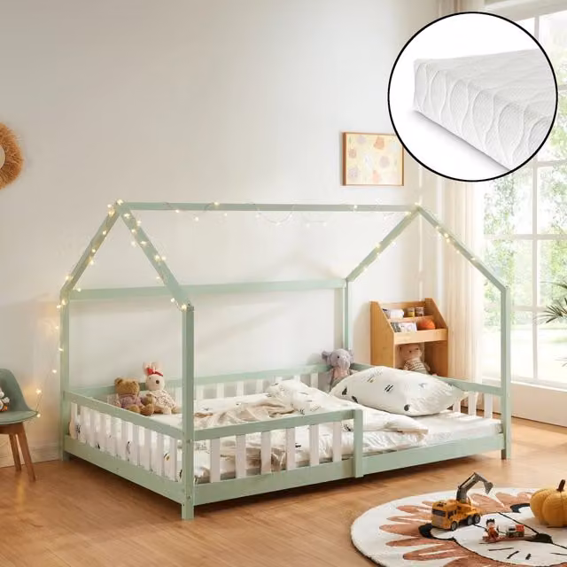Letto a forma di casetta Hesel en.casa per cameretta con materasso in schiuma, legno di pino, Verde Menta, L 120 x P 200 cm