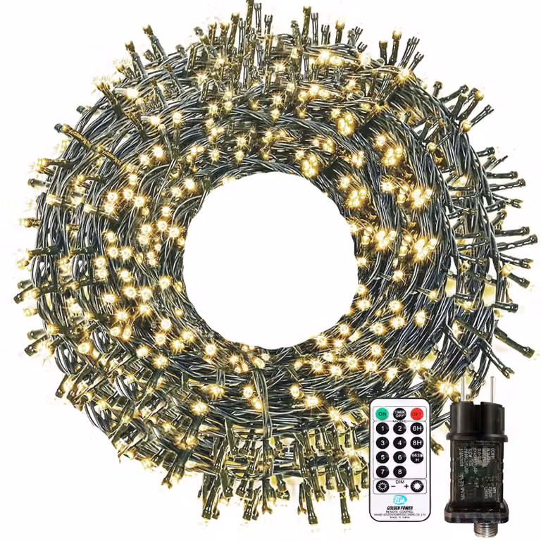 Catena luminosa a LED, 20 metri, 200 LED, luce bianco caldo, grado di protezione IP65, con telecomando