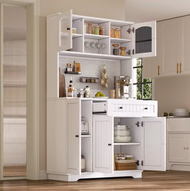 Credenza alta con vetrina; ripiani regolabili; pannello forato; 103;5 x 40 x 180 cm; bianca