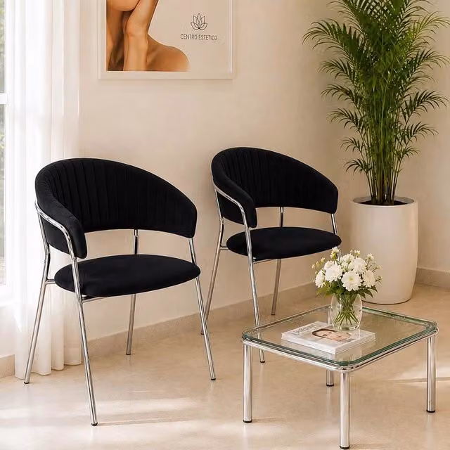 Set da 2 sedie da pranzo Aurelia in velluto nero con gambe in metallo cromato lucido – 1